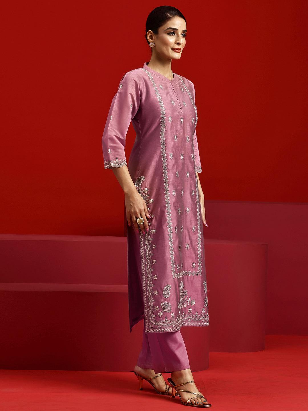Libas Art Mauve Embroidered Chanderi Silk Straight Suit With Dupatta