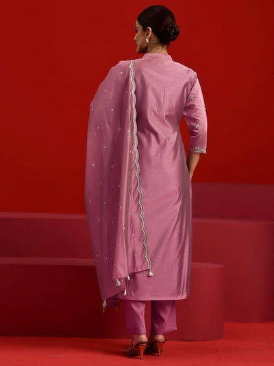 Libas Art Mauve Embroidered Chanderi Silk Straight Suit With Dupatta - Libas