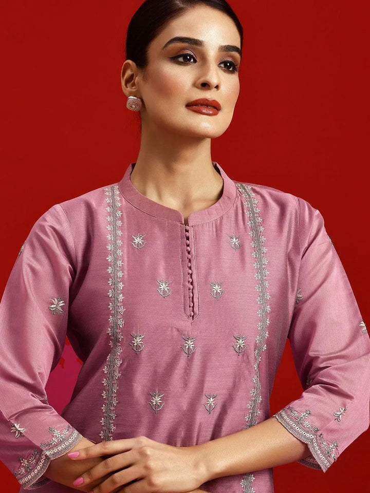 Libas Art Mauve Embroidered Chanderi Silk Straight Suit With Dupatta - Libas