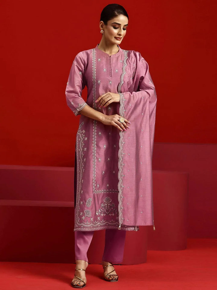 Libas Art Mauve Embroidered Chanderi Silk Straight Suit With Dupatta - Libas