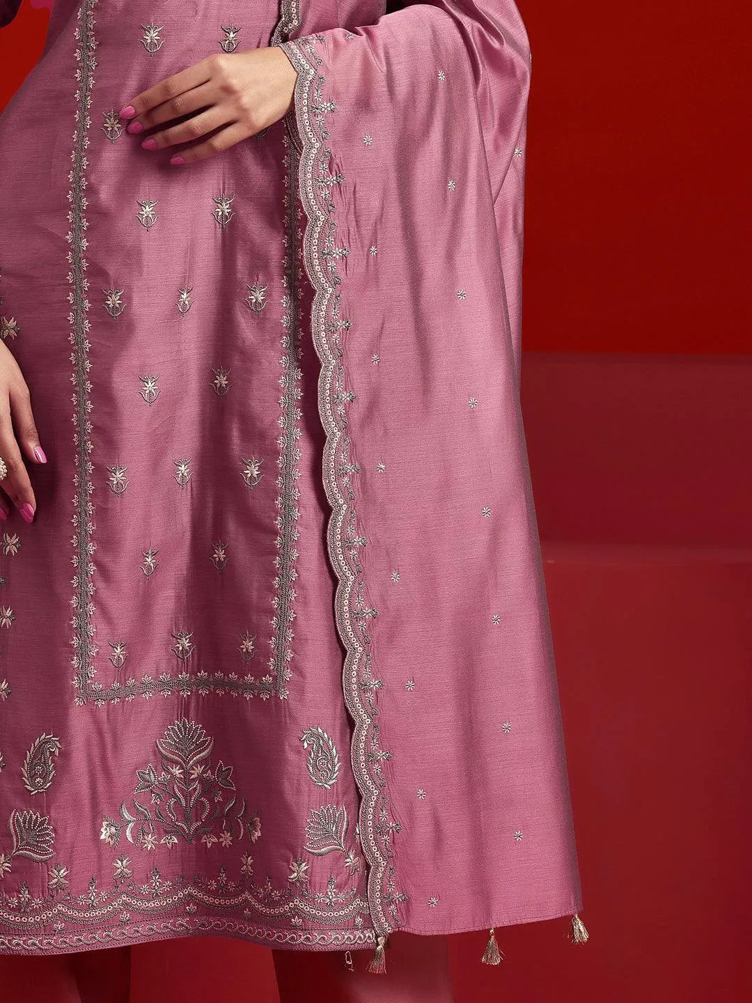 Libas Art Mauve Embroidered Chanderi Silk Straight Suit With Dupatta - Libas 
