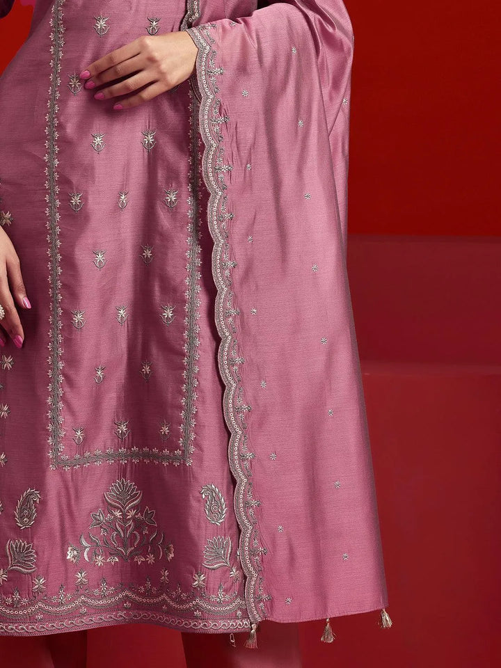 Libas Art Mauve Embroidered Chanderi Silk Straight Suit With Dupatta - Libas