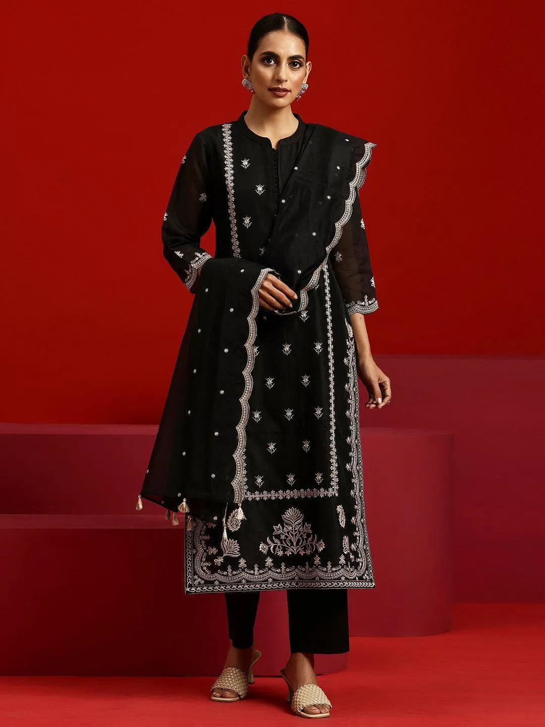 Libas Art Black Embroidered Chanderi Silk Straight Suit With Dupatta - Libas 