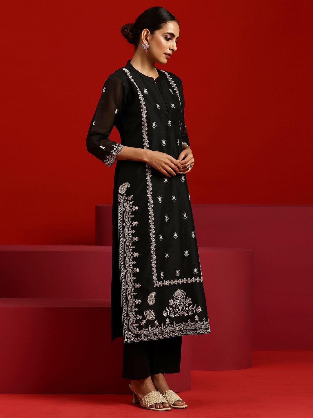 Libas Art Black Embroidered Chanderi Silk Straight Suit With Dupatta