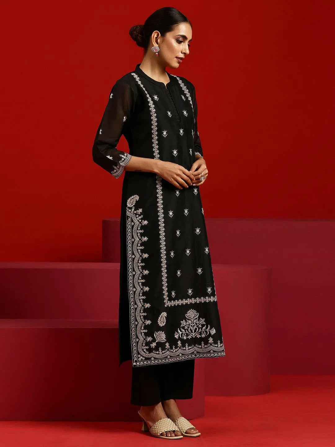 Libas Art Black Embroidered Chanderi Silk Straight Suit With Dupatta - Libas 
