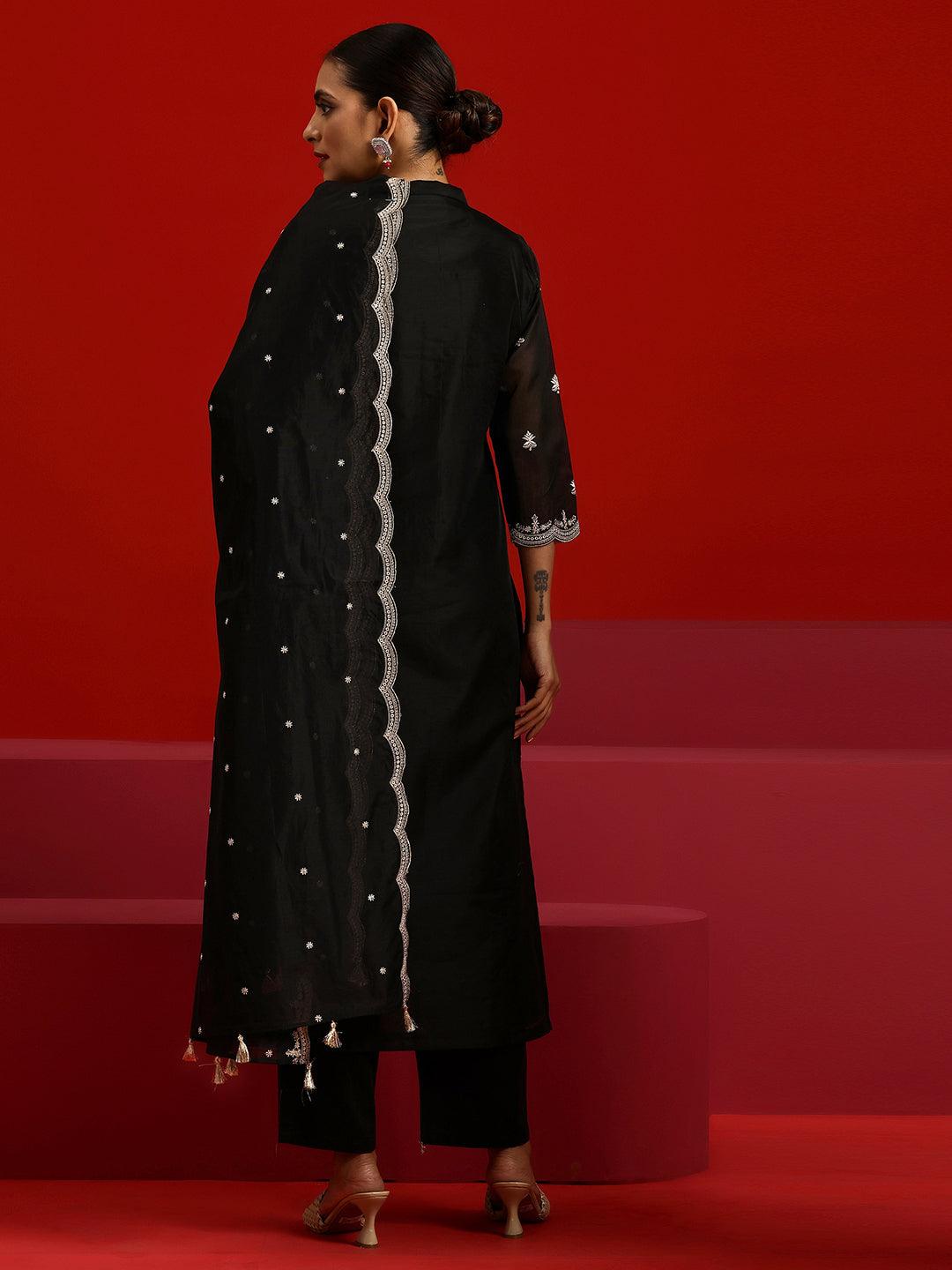 Libas Art Black Embroidered Chanderi Silk Straight Suit With Dupatta