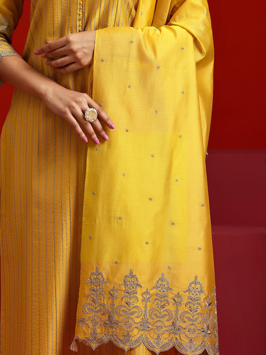 Libas Art Yellow Embroidered Chanderi Silk Straight Suit With Dupatta - Libas