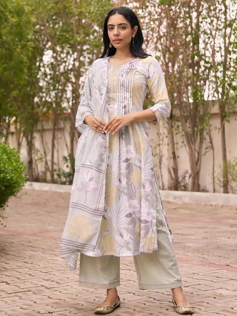 Libas Grey Printed Cotton Blend A-Line Kurta With Palazzos & Dupatta