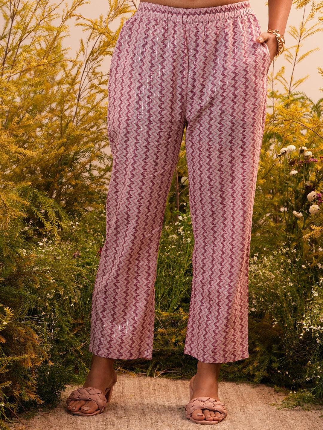 Mauve Printed Cotton A-Line Kurta With Trousers - Libas