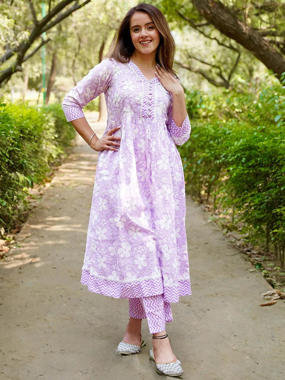 Buy Lavender Printed Cotton Anarkali Kurta Set Online at Rs.1221 | Libas
