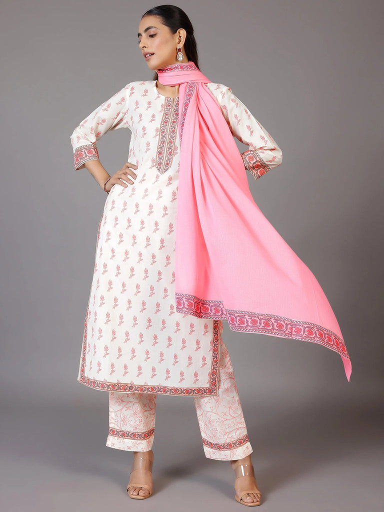Libas Off White Printed Cotton Straight Suit With Dupatta