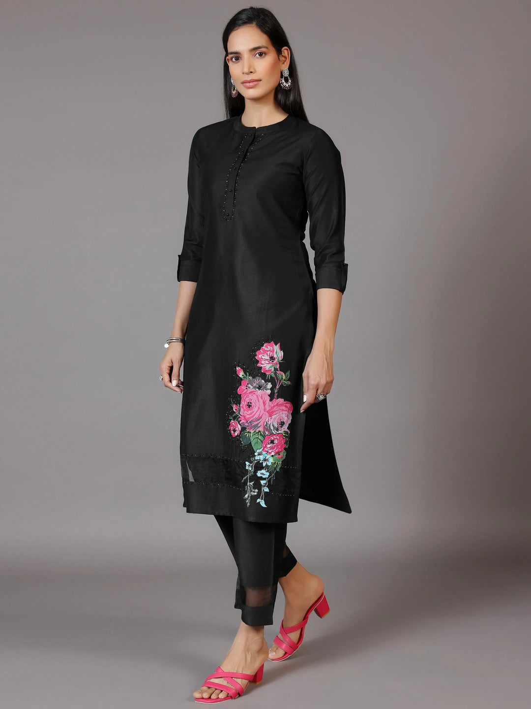Black Self Design Silk Blend Straight Suit With Dupatta - Libas 