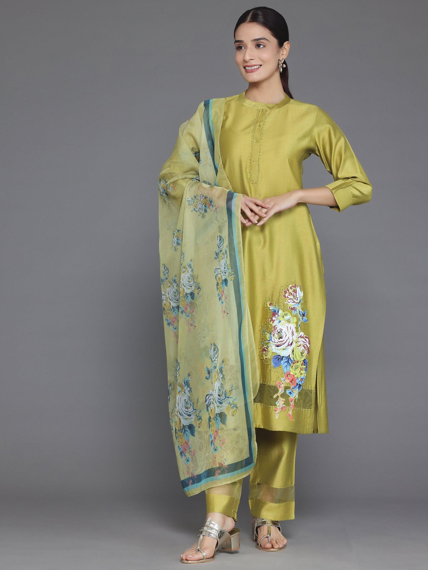 Green Self Design Silk Blend Straight Suit With Dupatta - Libas