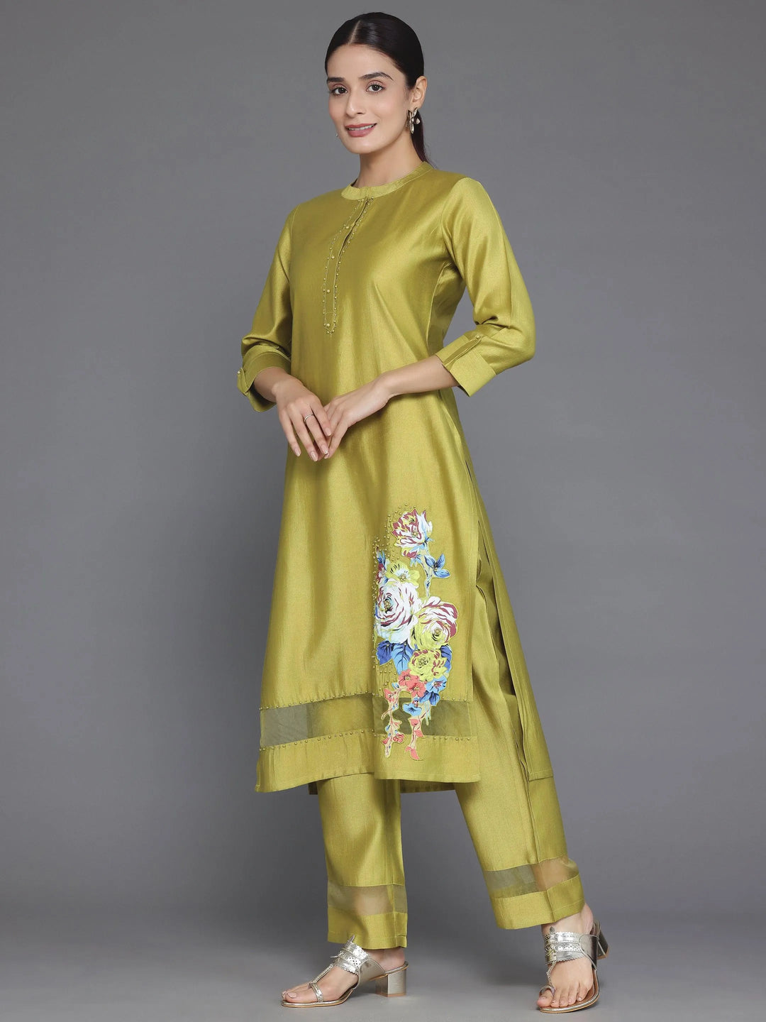 Green Self Design Silk Blend Straight Suit With Dupatta - Libas 