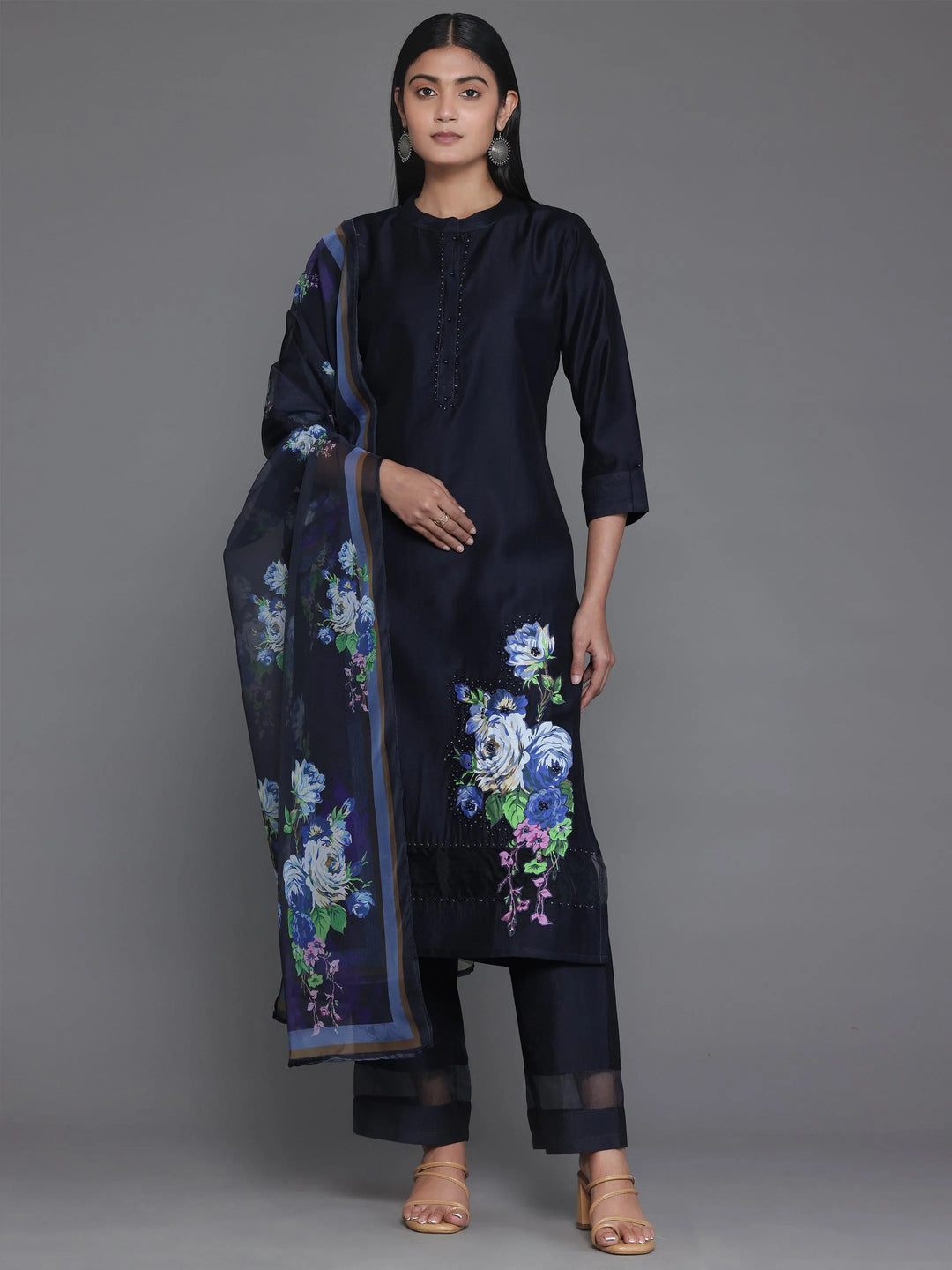Navy Blue Self Design Silk Blend Straight Suit With Dupatta - Libas 