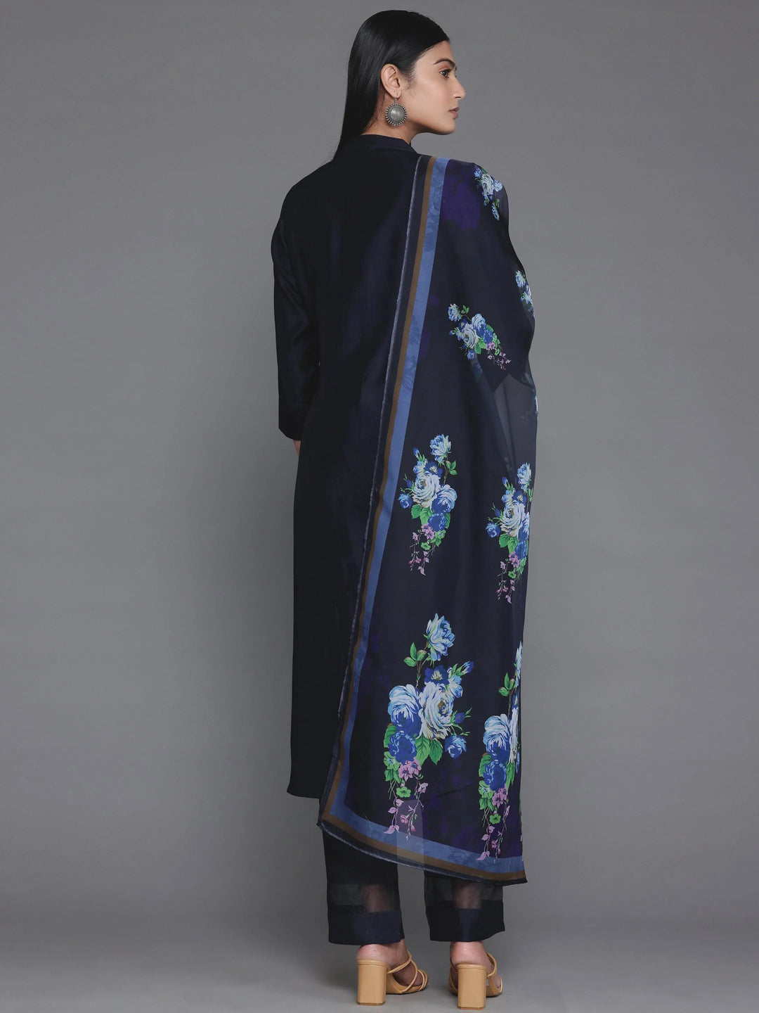 Navy Blue Self Design Silk Blend Straight Suit With Dupatta - Libas