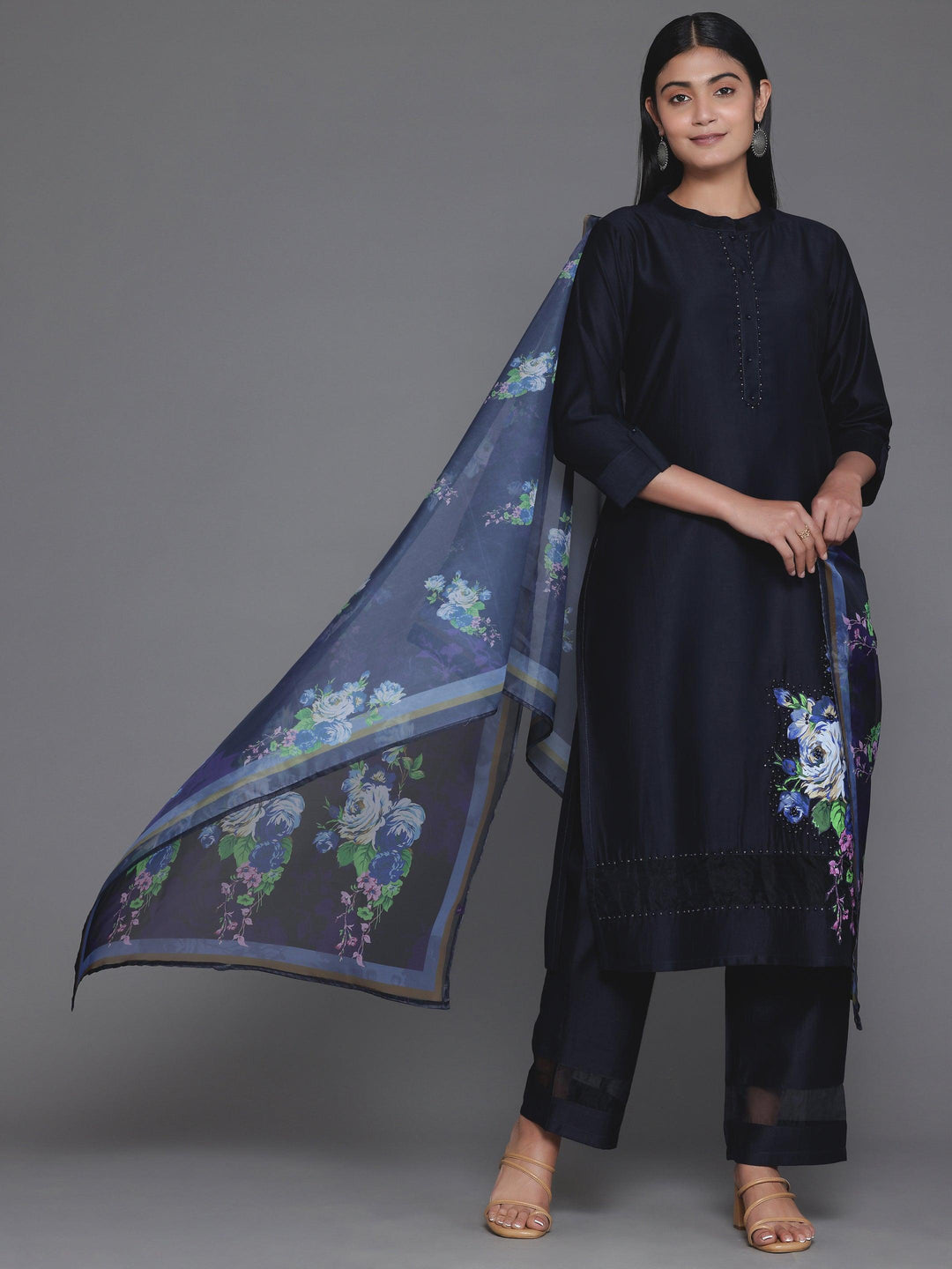 Navy Blue Self Design Silk Blend Straight Suit With Dupatta - Libas