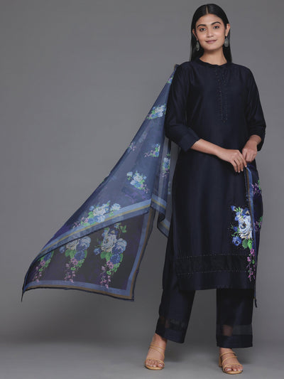 Navy Blue Self Design Silk Blend Straight Suit With Dupatta - Libas