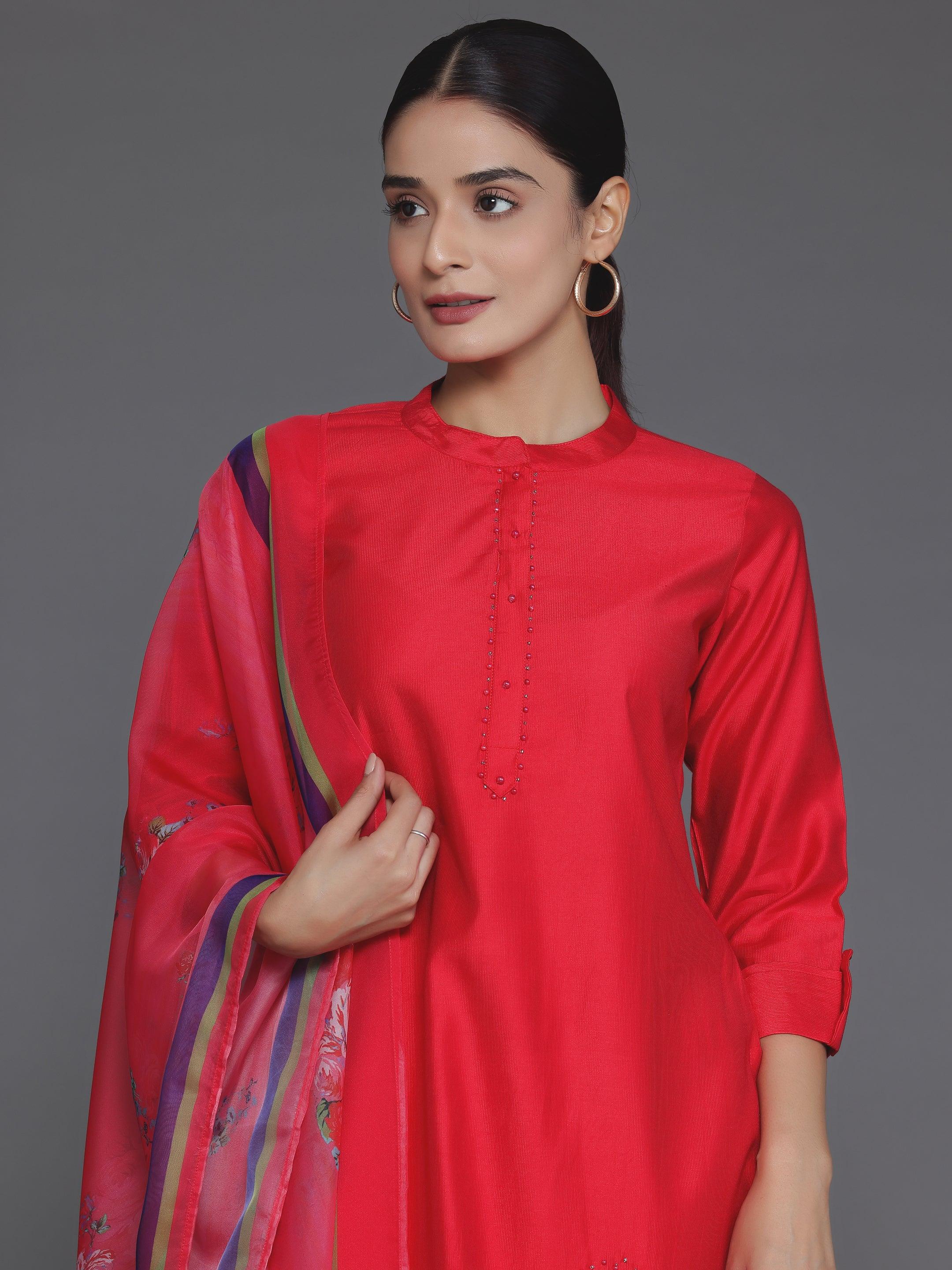 Red Self Design Silk Blend Straight Suit With Dupatta