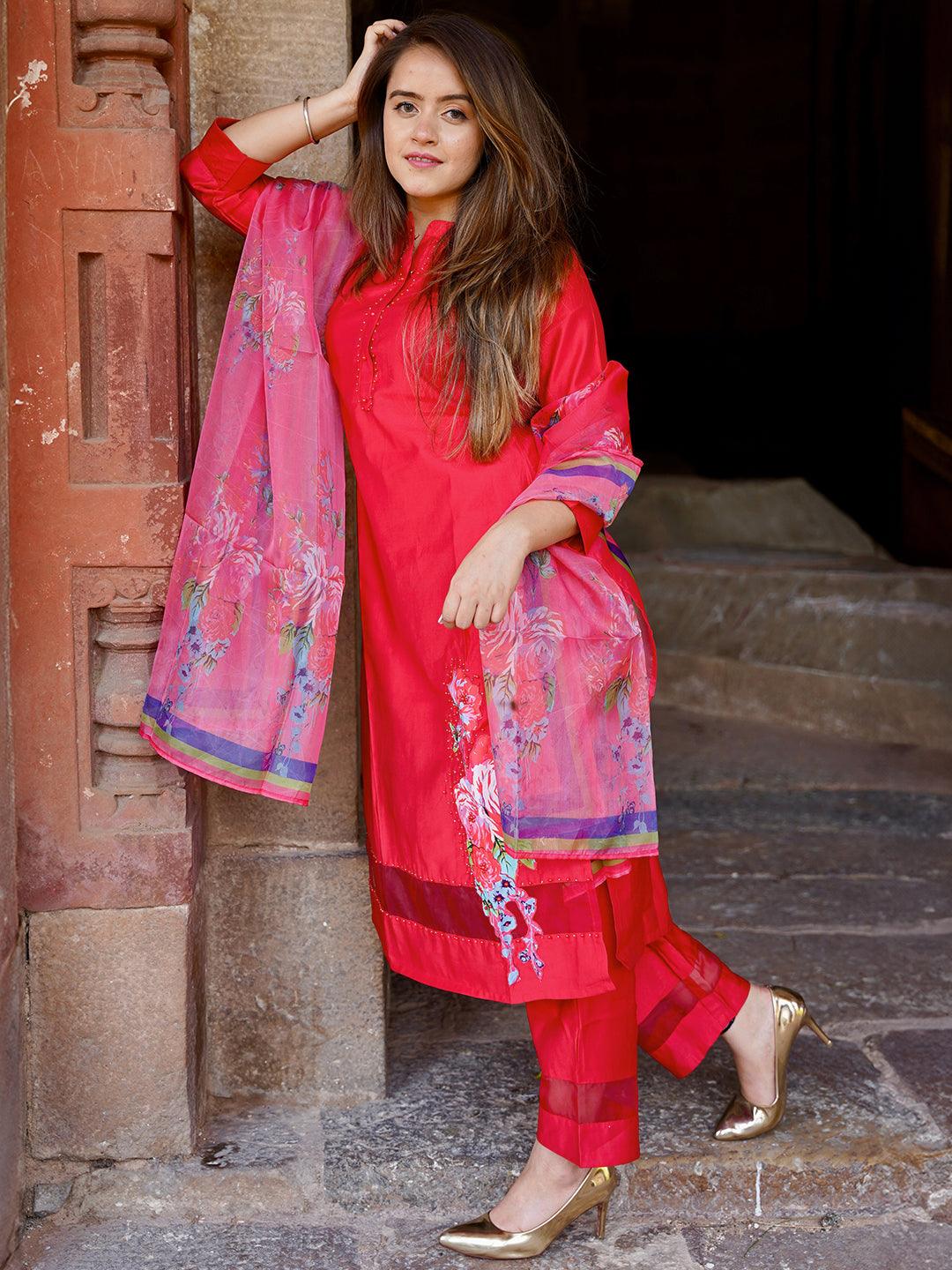 Red Self Design Silk Blend Straight Suit With Dupatta