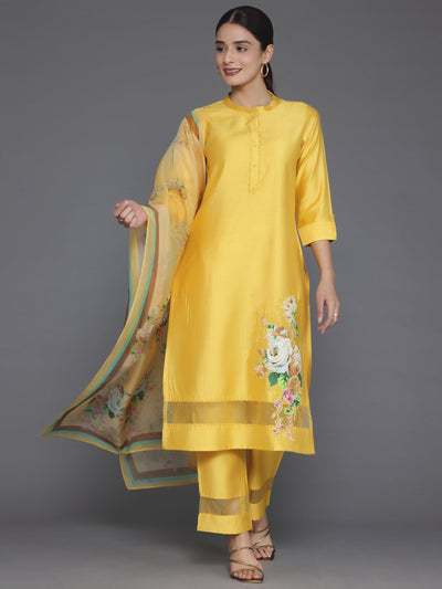 Mustard Self Design Silk Blend Straight Suit With Dupatta - Libas