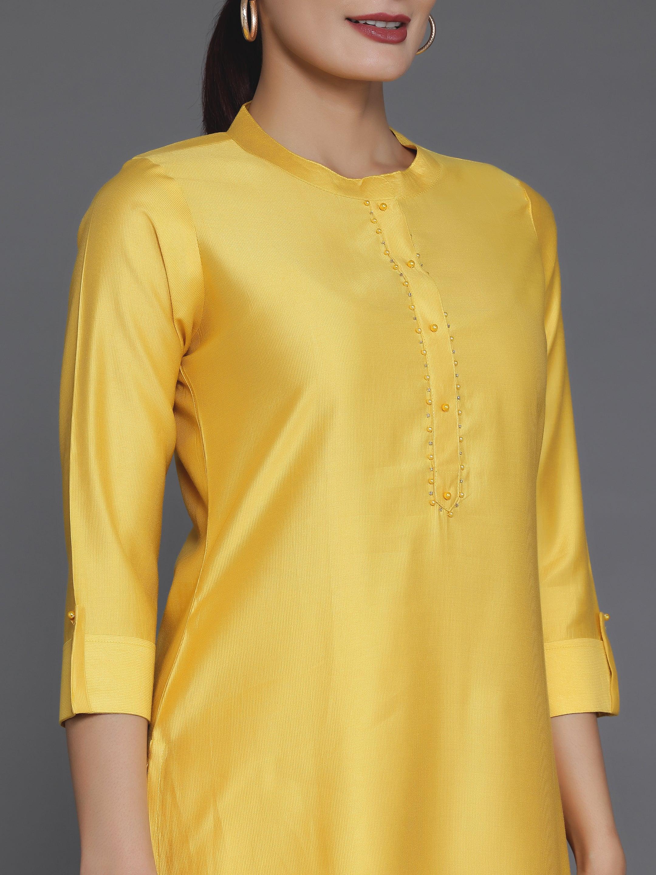 Mustard Self Design Silk Blend Straight Suit With Dupatta