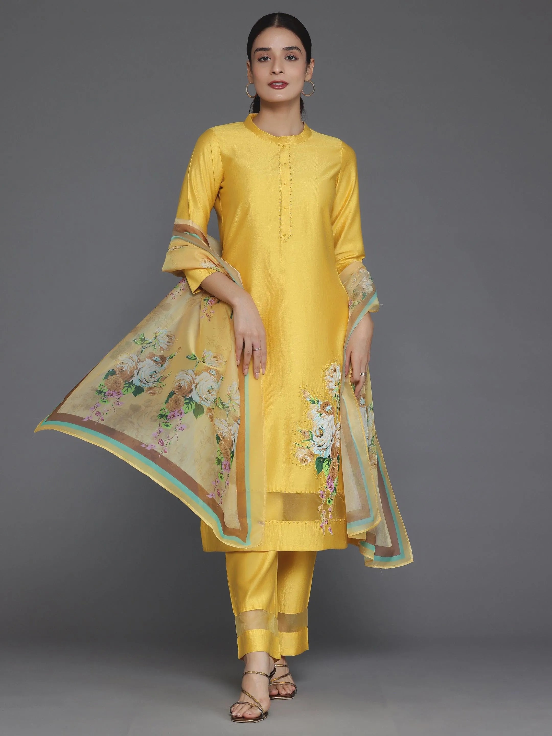 Buy Mustard Self Design Silk Blend Straight Suit With Dupatta Online at