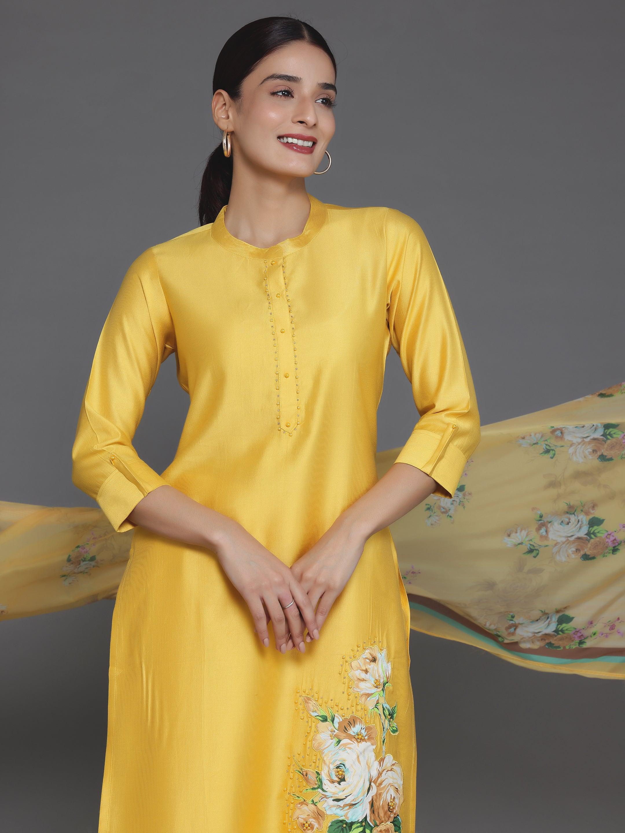 Mustard Self Design Silk Blend Straight Suit With Dupatta