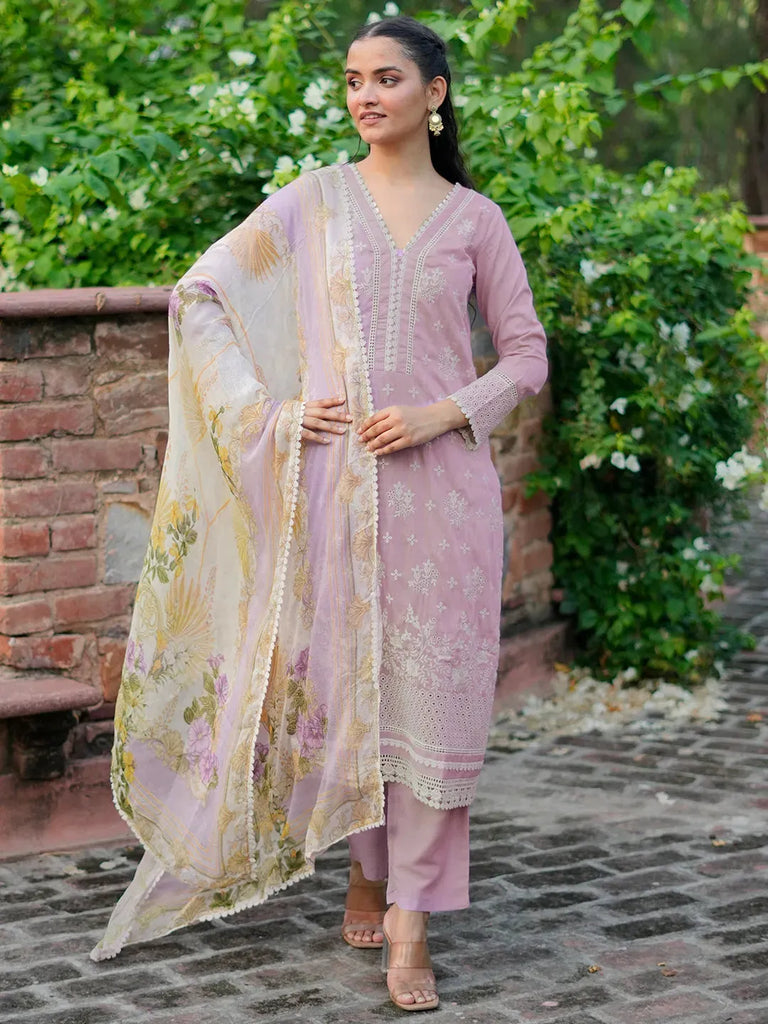 Libas Lilac Embroidered Silk Blend Straight Suit With Dupatta