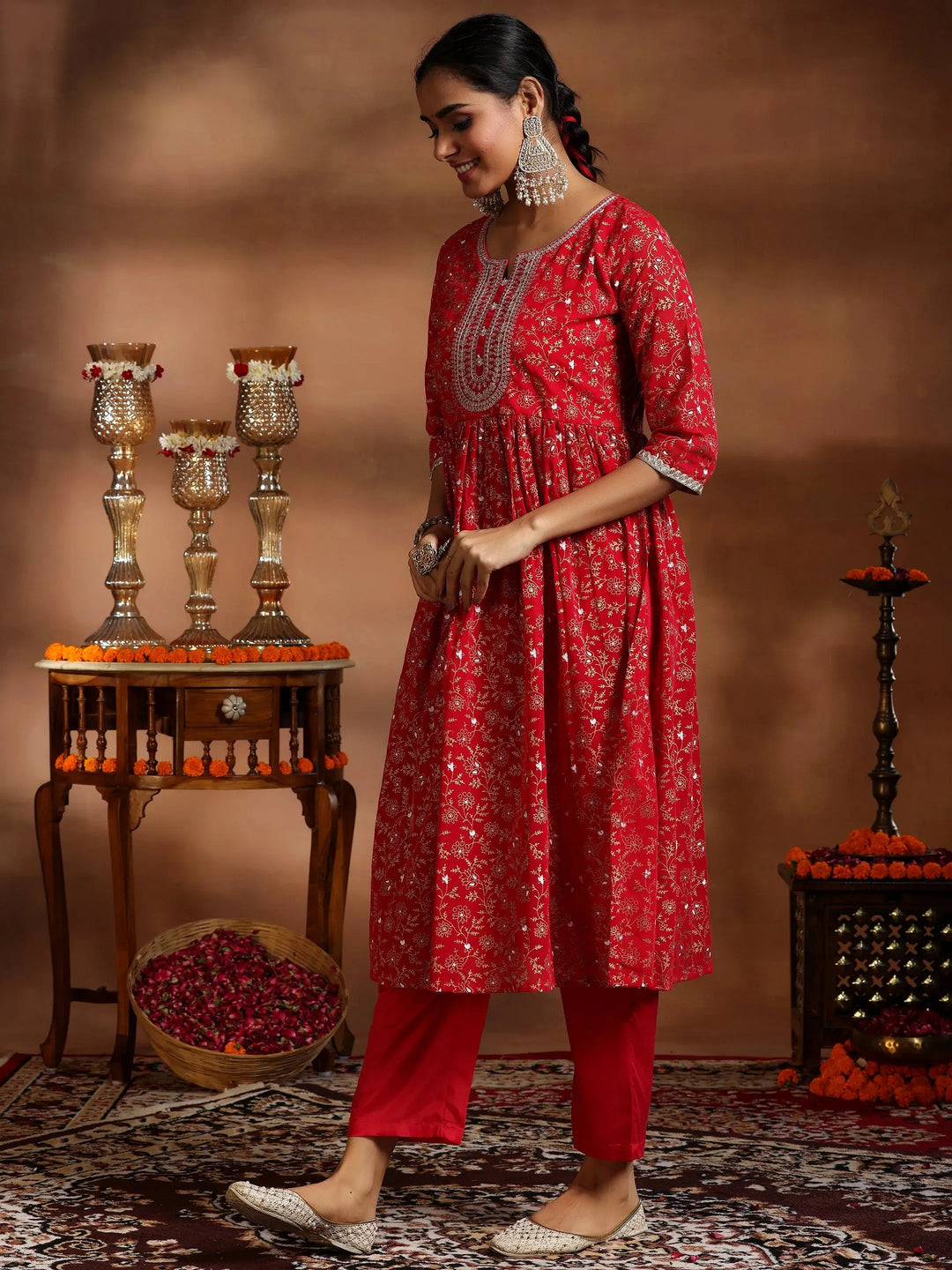  Red Printed Georgette A-Line Kurta With Trousers & Dupatta 