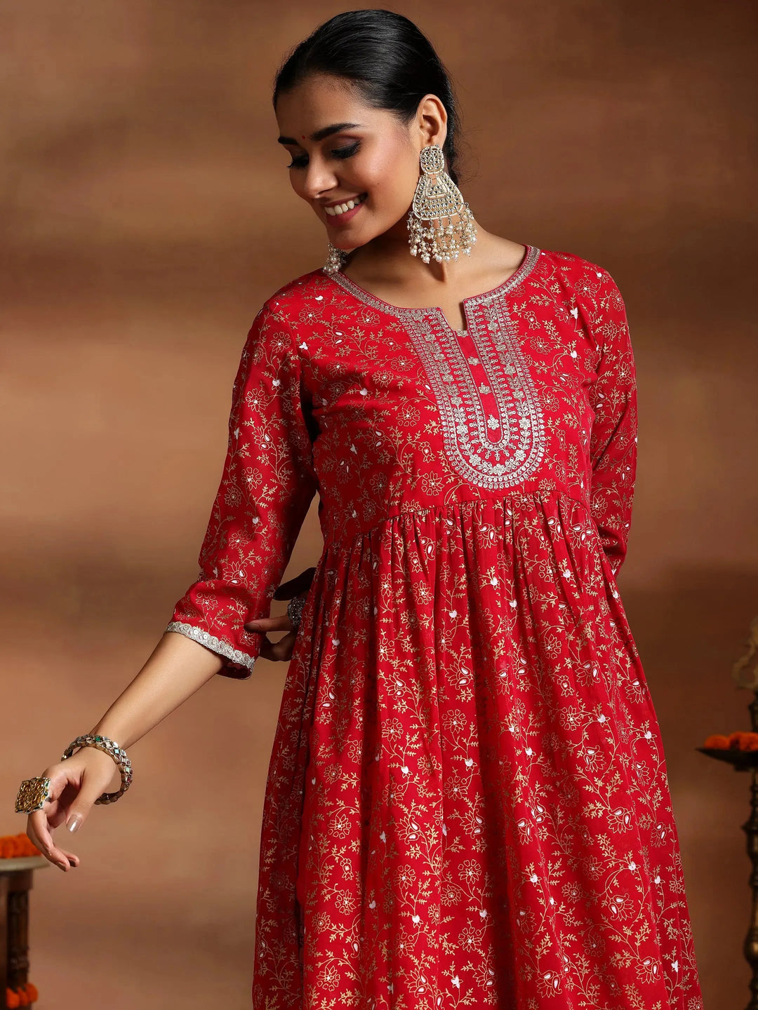  Red Printed Georgette A-Line Kurta With Trousers & Dupatta 