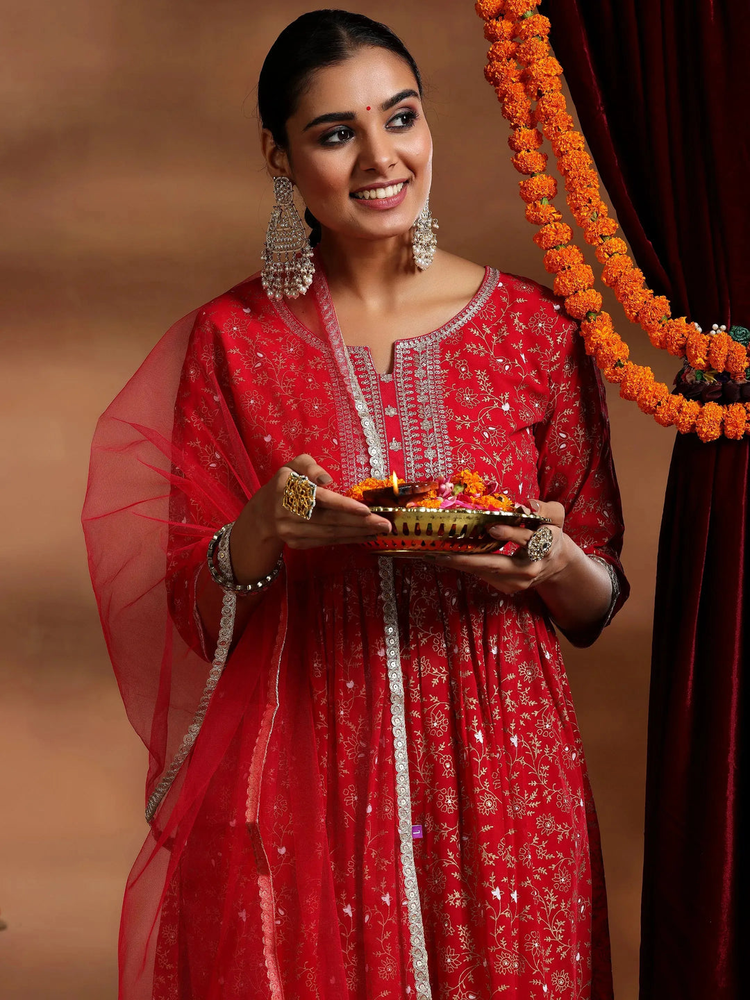  Red Printed Georgette A-Line Kurta With Trousers & Dupatta 