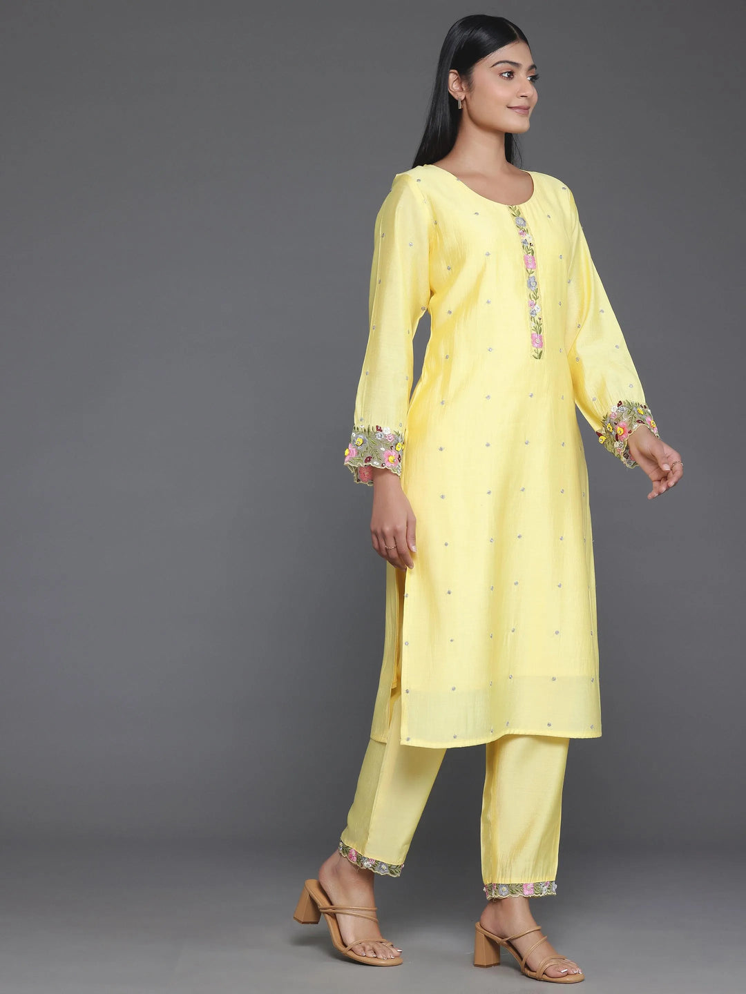 Yellow Embroidered Silk Blend Straight Suit With Dupatta - Libas 
