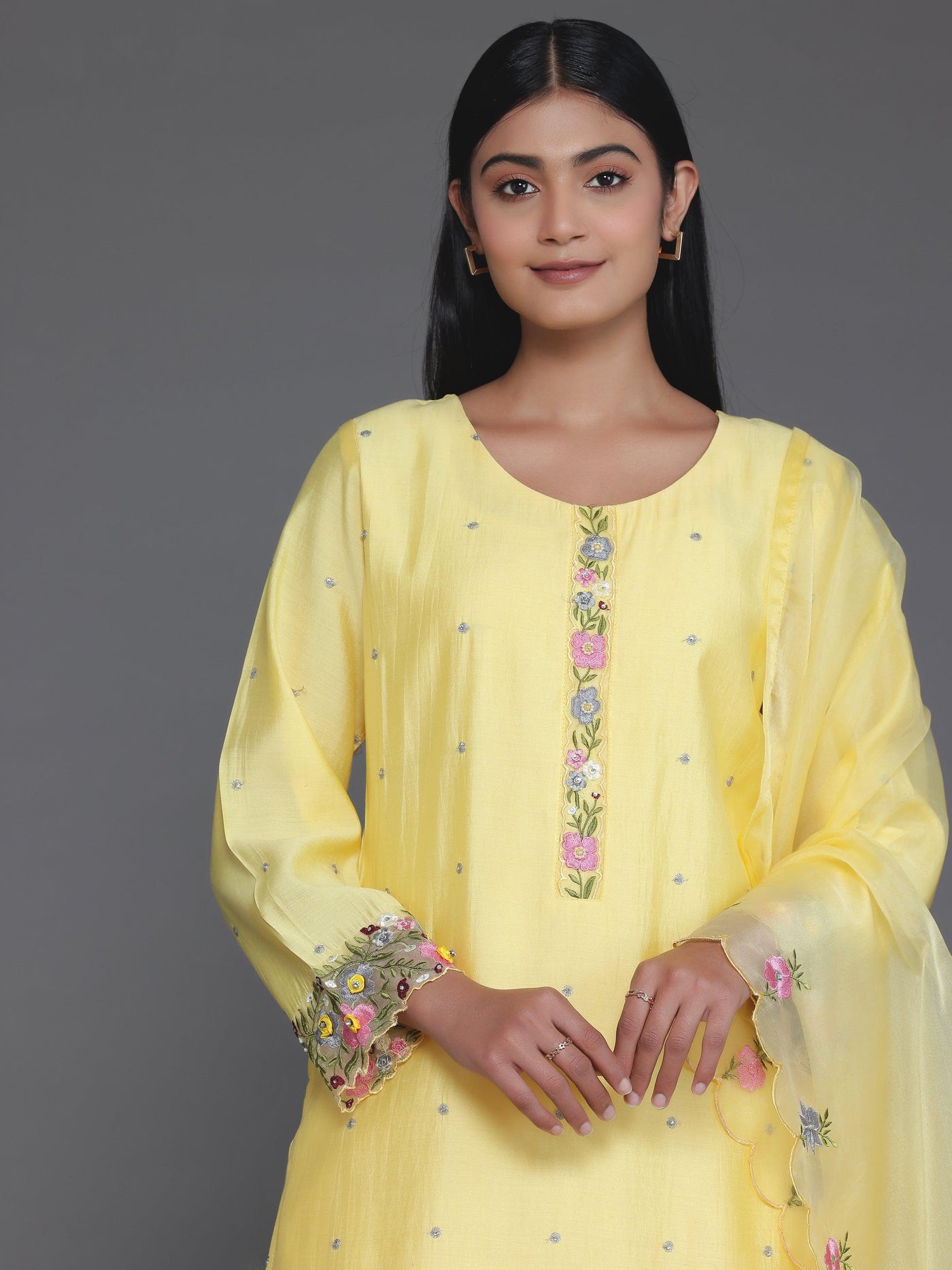 Yellow Embroidered Silk Blend Straight Suit With Dupatta - Libas