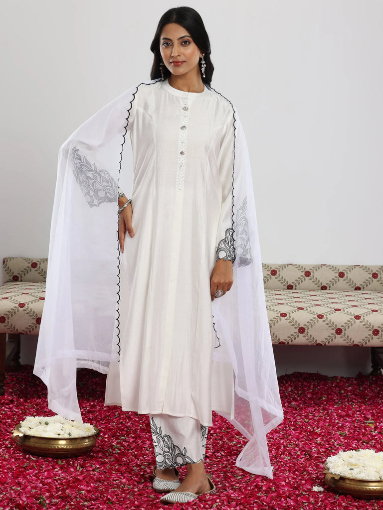 Libas White Solid Silk Blend Straight Suit With Dupatta