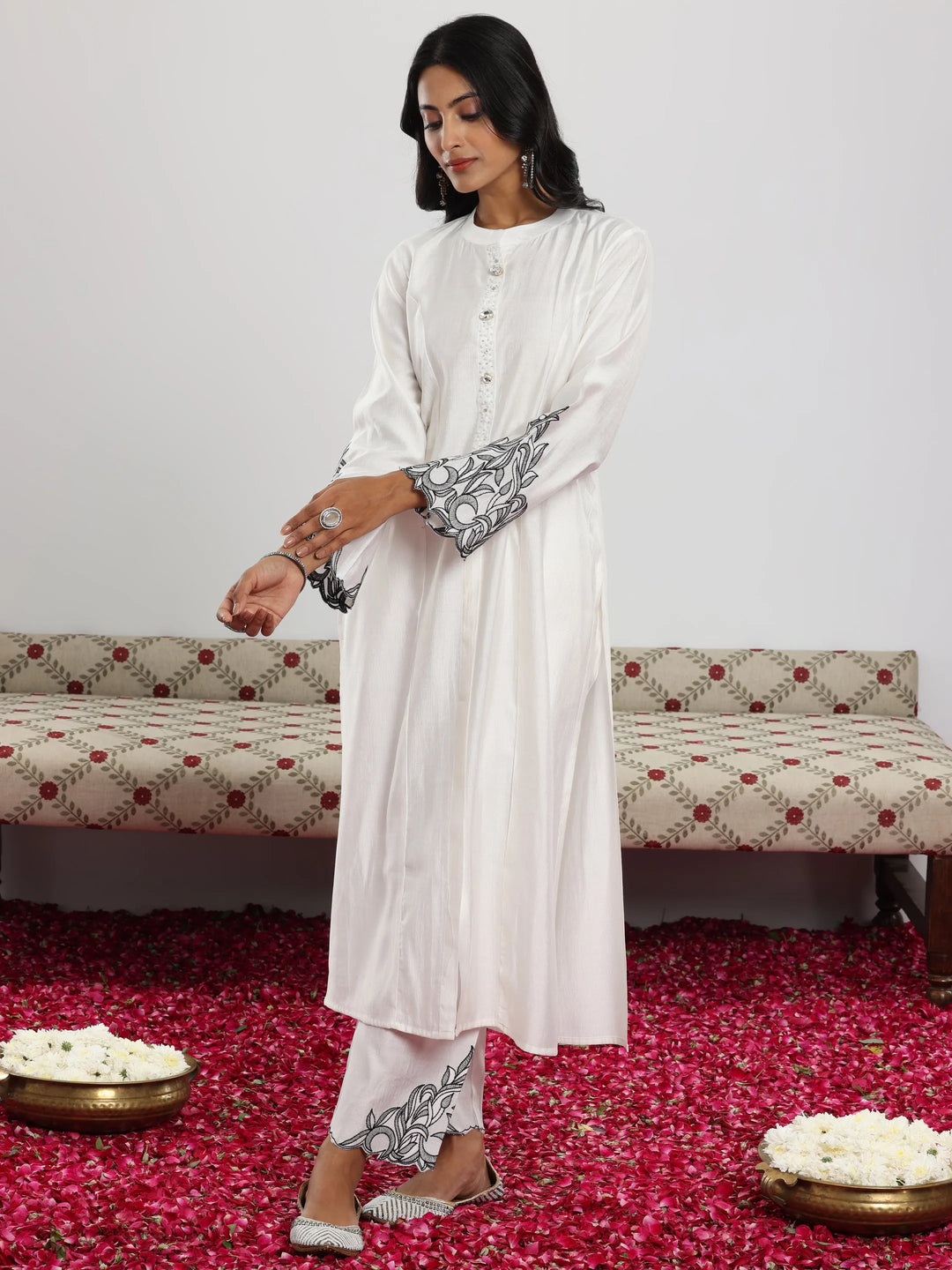 White Solid Silk Blend Straight Suit With Dupatta 