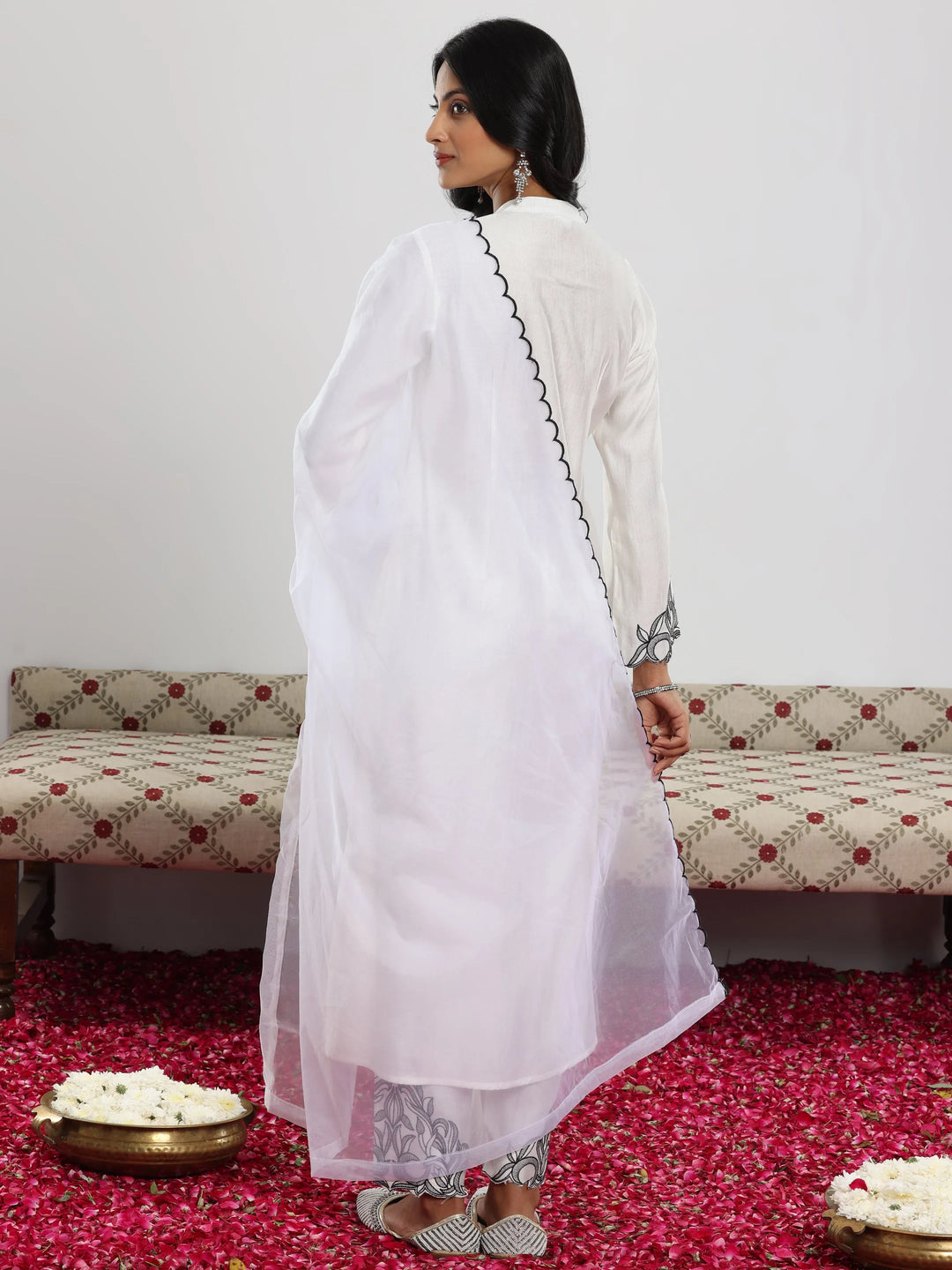  White Solid Silk Blend Straight Suit With Dupatta 