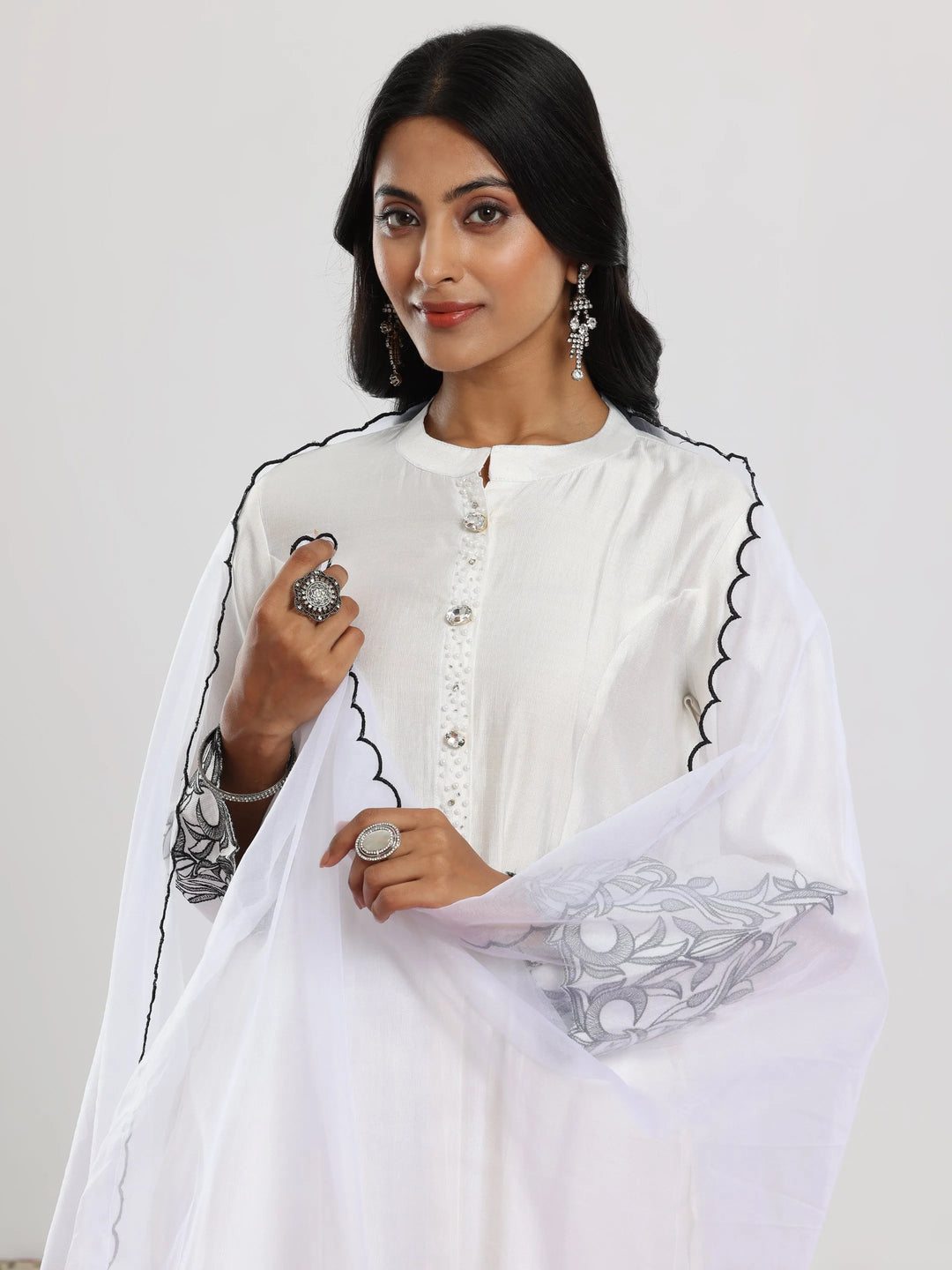  White Solid Silk Blend Straight Suit With Dupatta 