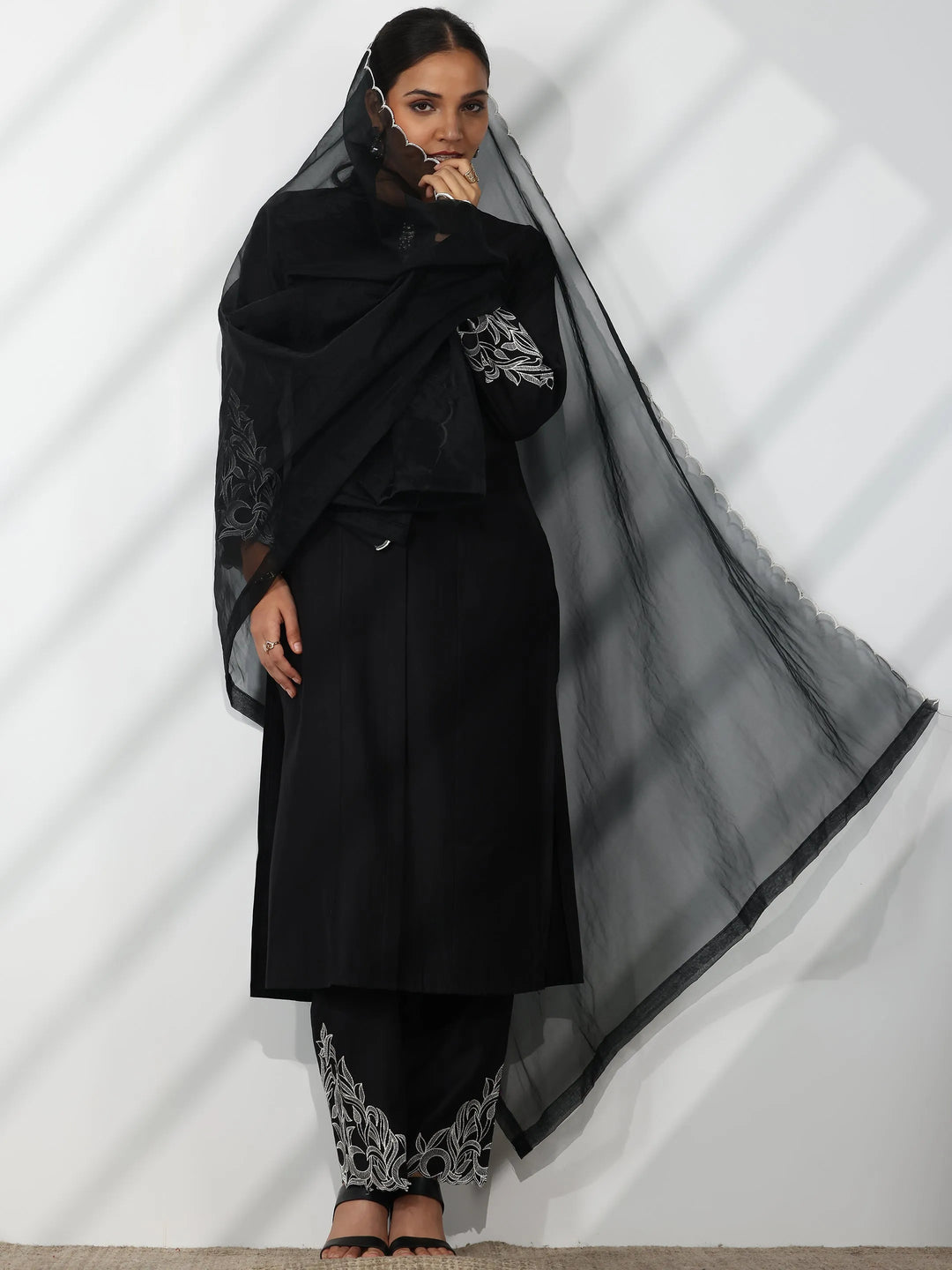  Black Solid Silk Blend Straight Suit With Dupatta 
