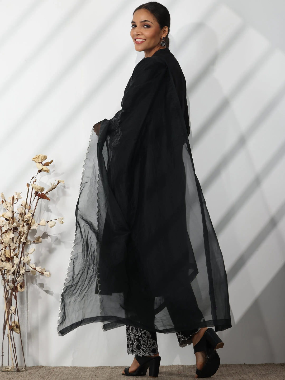 Black Solid Silk Blend Straight Suit With Dupatta 