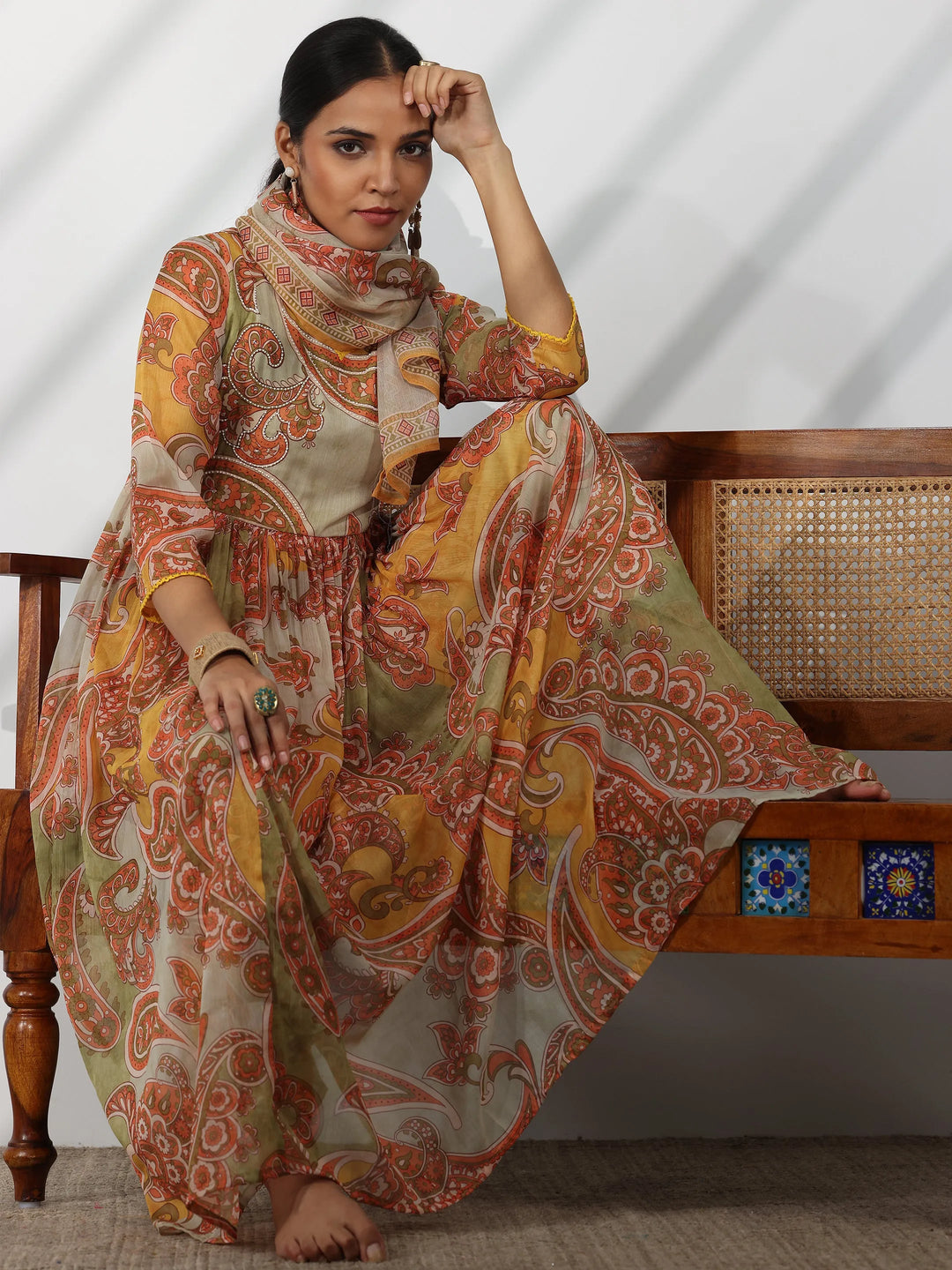  Mustard Printed Poly Chiffon A-Line Kurta With Palazzos & Dupatta 