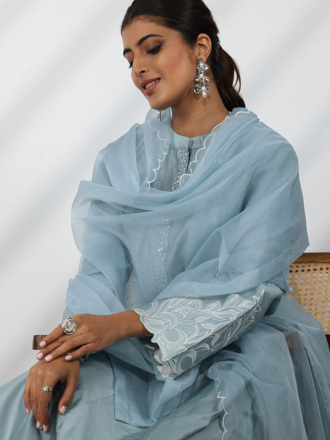  Blue Solid Silk Blend Straight Suit With Dupatta 