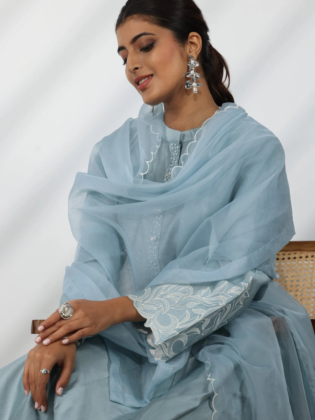  Blue Solid Silk Blend Straight Suit With Dupatta 