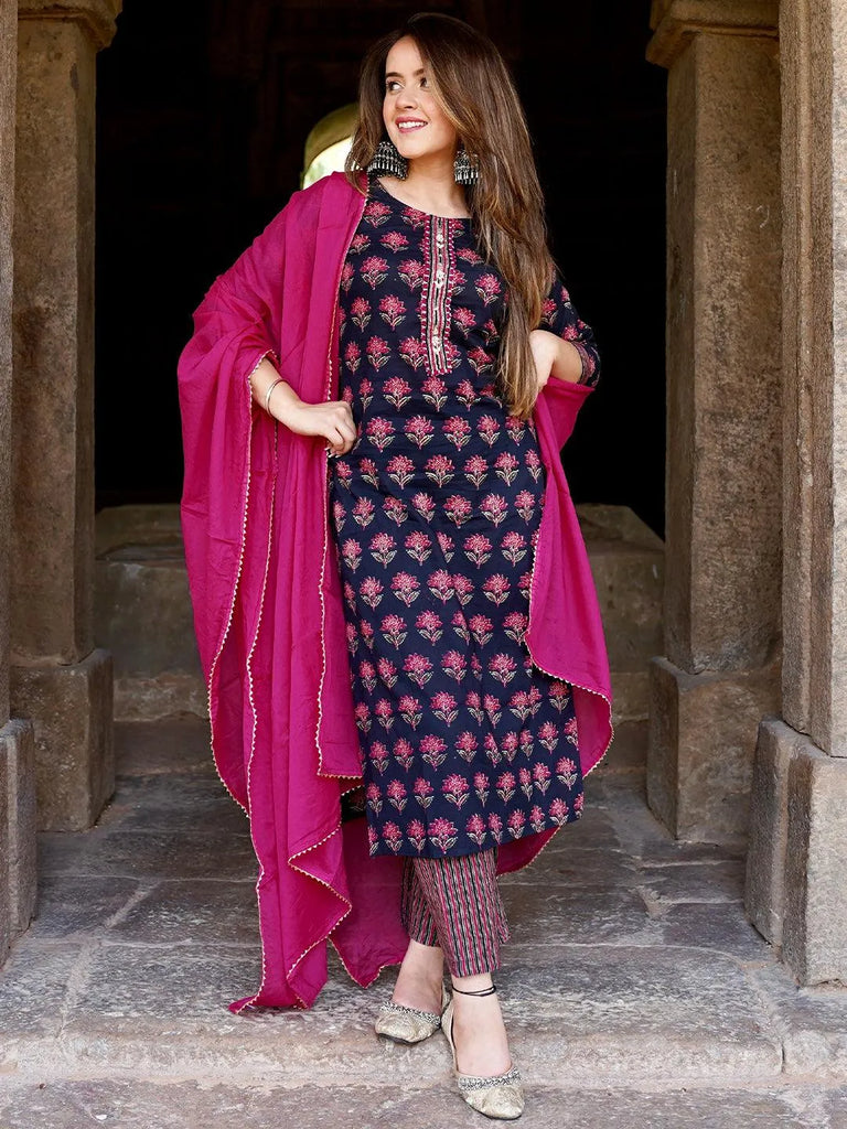 Libas Blue Printed Cotton Straight Suit With Dupatta