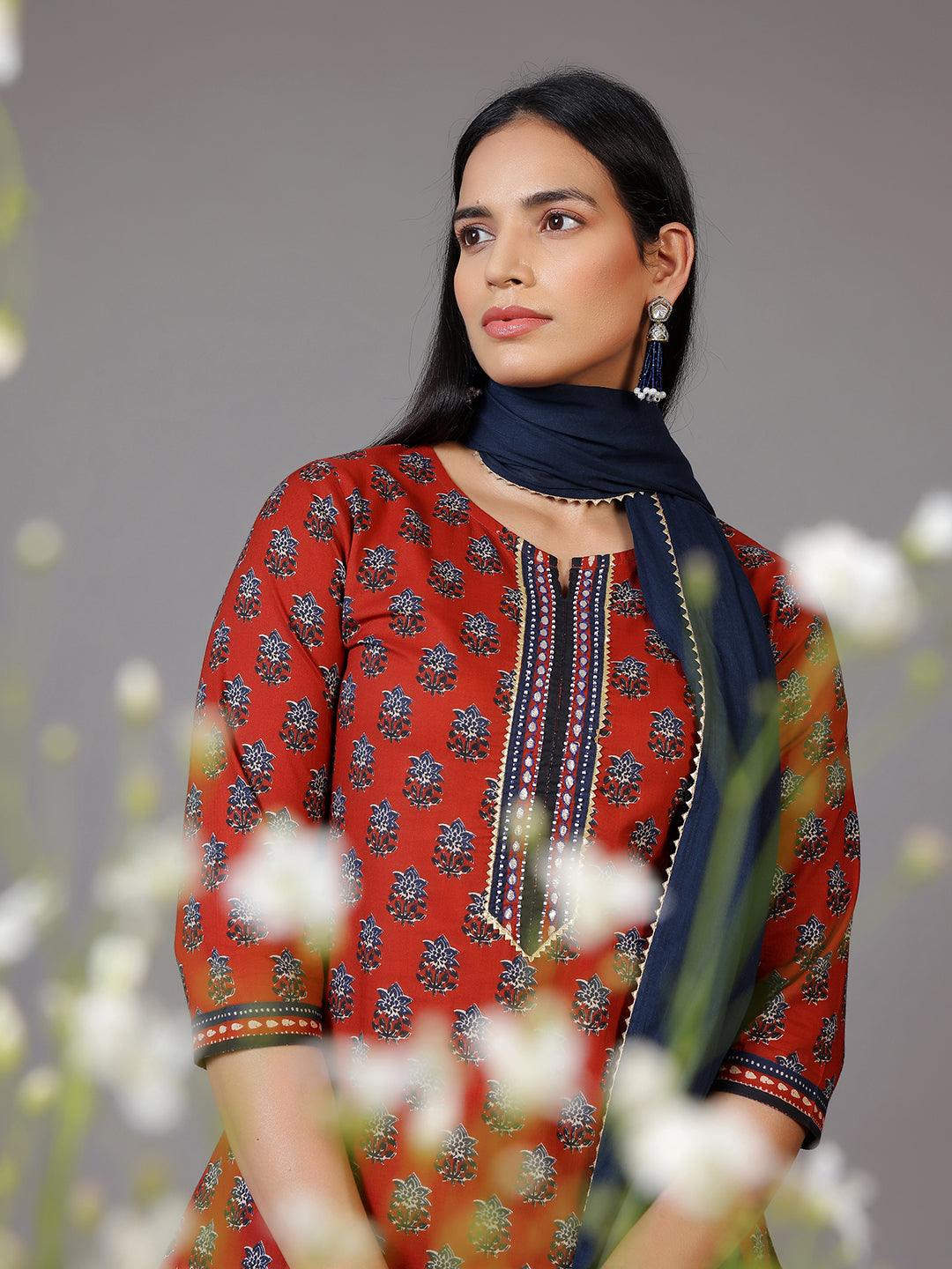 Rust Printed Cotton Straight Suit With Dupatta