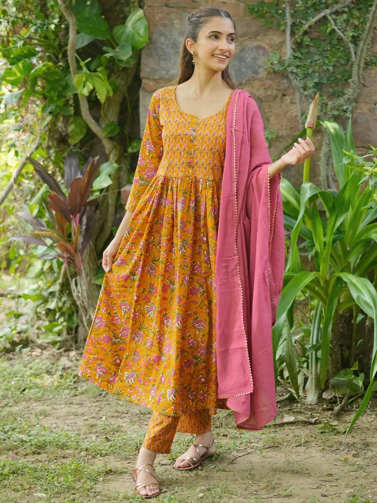 Buy Yellow Printed Pure Cotton Anarkali Suit With Dupatta Online