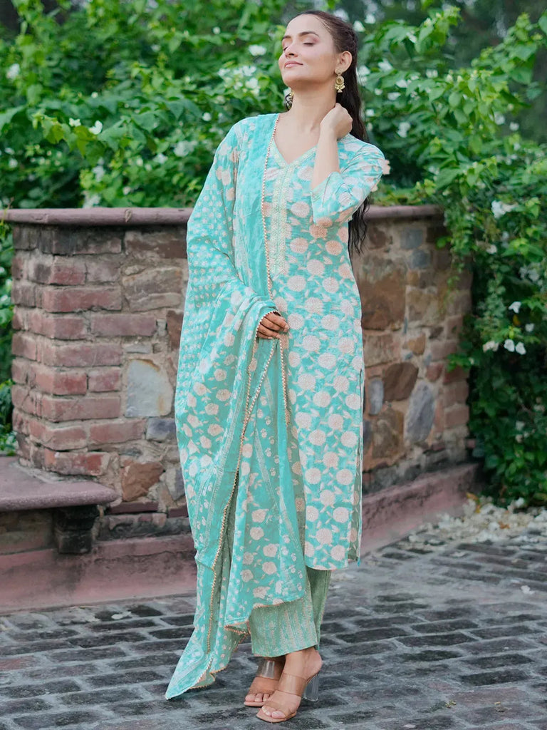 Libas Turquoise Printed Cotton Straight Suit With Dupatta