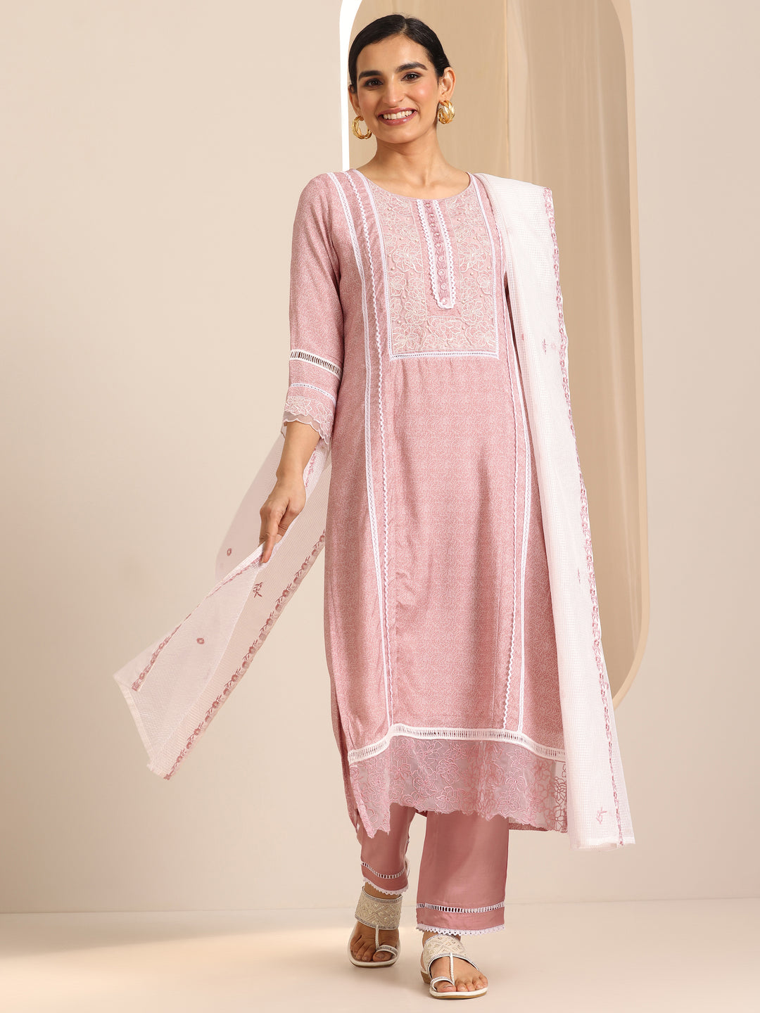  Peach Printed Chanderi Silk Straight Suit With Dupatta 