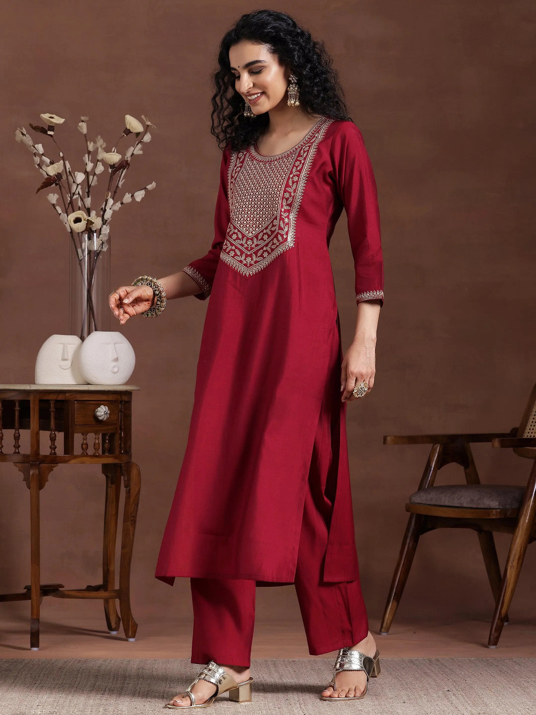 Maroon Yoke Design Silk Blend Straight Suit With Dupatta - Libas 