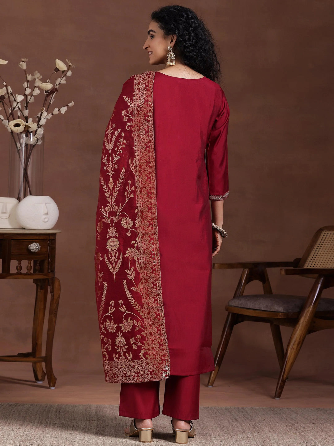 Maroon Yoke Design Silk Blend Straight Suit With Dupatta - Libas 